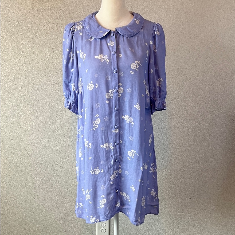 Aritzia Wilfred Peter Pan Collar Floral Puff Sleeve Button Dress Purple Sz Small